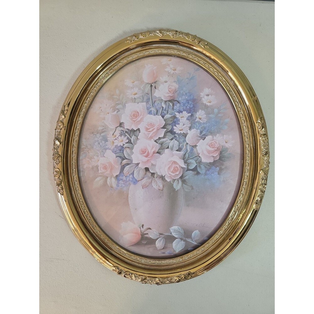 T.C. CHIU Fine Art Print Vintage Pink Roses & Violets Oval Gold Frame - See Pics
